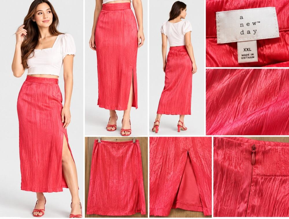 A New Day Crinkle Satin Midi Skirt Coral Pink Women’s XXL NWT
